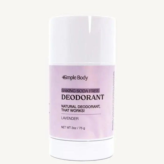 A white stick deodorant with minimal packaging, labeled 'Simple Body Baking Soda Free Deodorant' Lavender in a 3 oz tube.