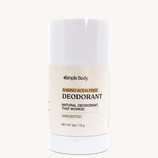 A white stick deodorant with minimal packaging, labeled 'Simple Body Baking Soda Free Deodorant' Unscented in a 3 oz tube.