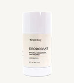 A white tube of Simple Body Deodorant, labeled as 'Natural Deodorant That Works', Unscented, with net weight of 3 oz / 75g.