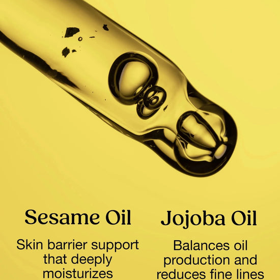 A rich orange yellow oil texture that mimics Simple Body Nightly Face Serum with an eye dropper and calling out two key ingredients Sesame Oil and Jojoba Oil