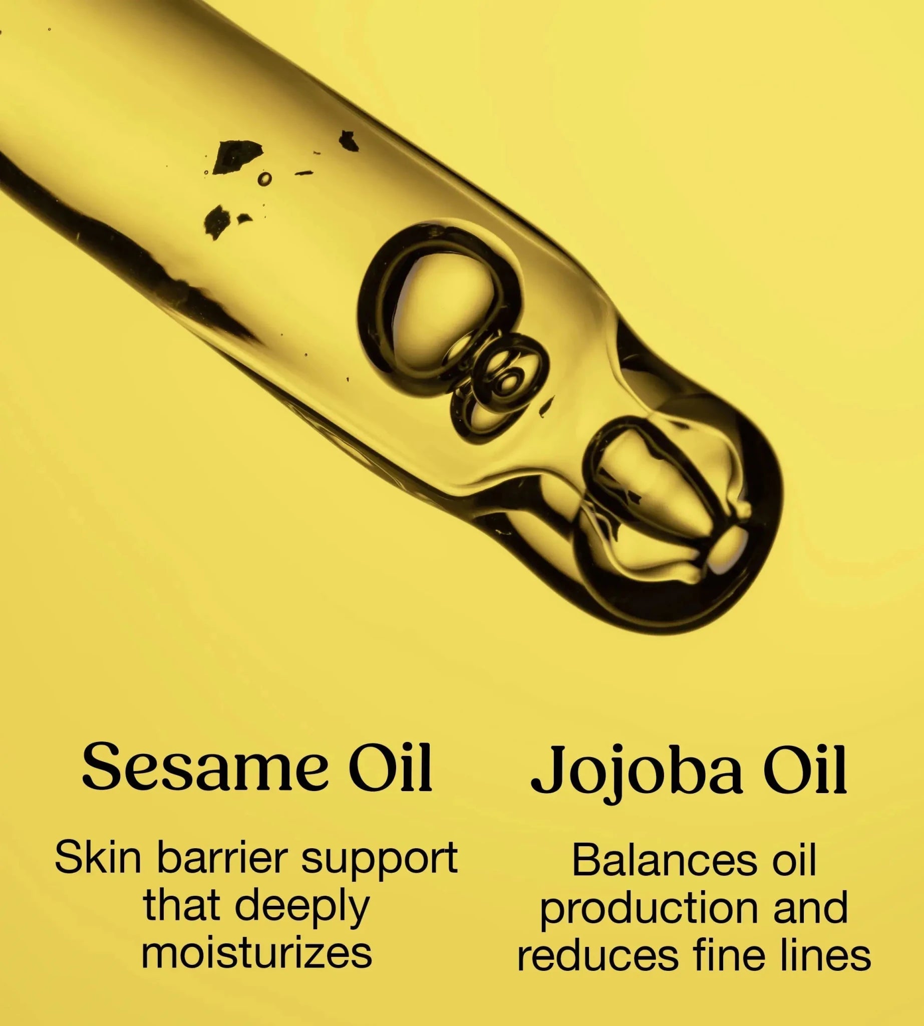 A rich orange yellow oil texture that mimics Simple Body Nightly Face Serum with an eye dropper and calling out two key ingredients Sesame Oil and Jojoba Oil