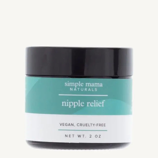 A 2 oz glass jar of Simple Mama Nipple Relief Balm, with a black lid and a label that indicates it is vegan and cruelty-free.