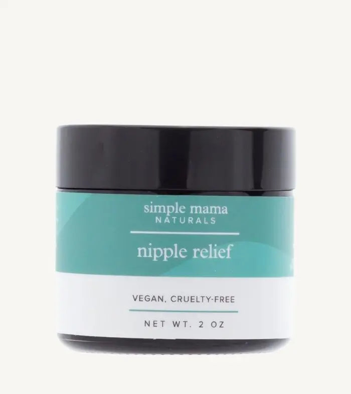 A 2 oz glass jar of Simple Mama Nipple Relief Balm, with a black lid and a label that indicates it is vegan and cruelty-free.