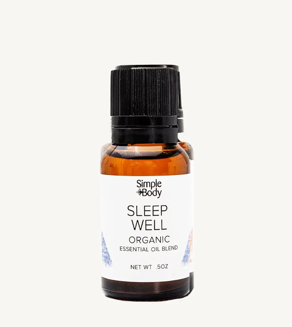 Bottle of Simple Body Sleep Well organic essential oil blend on a white background