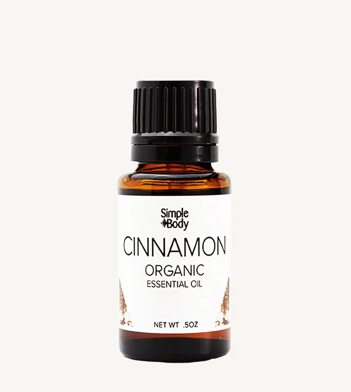 Bottle of Simple Body Cinnamon Organic Essential Oil on a white background