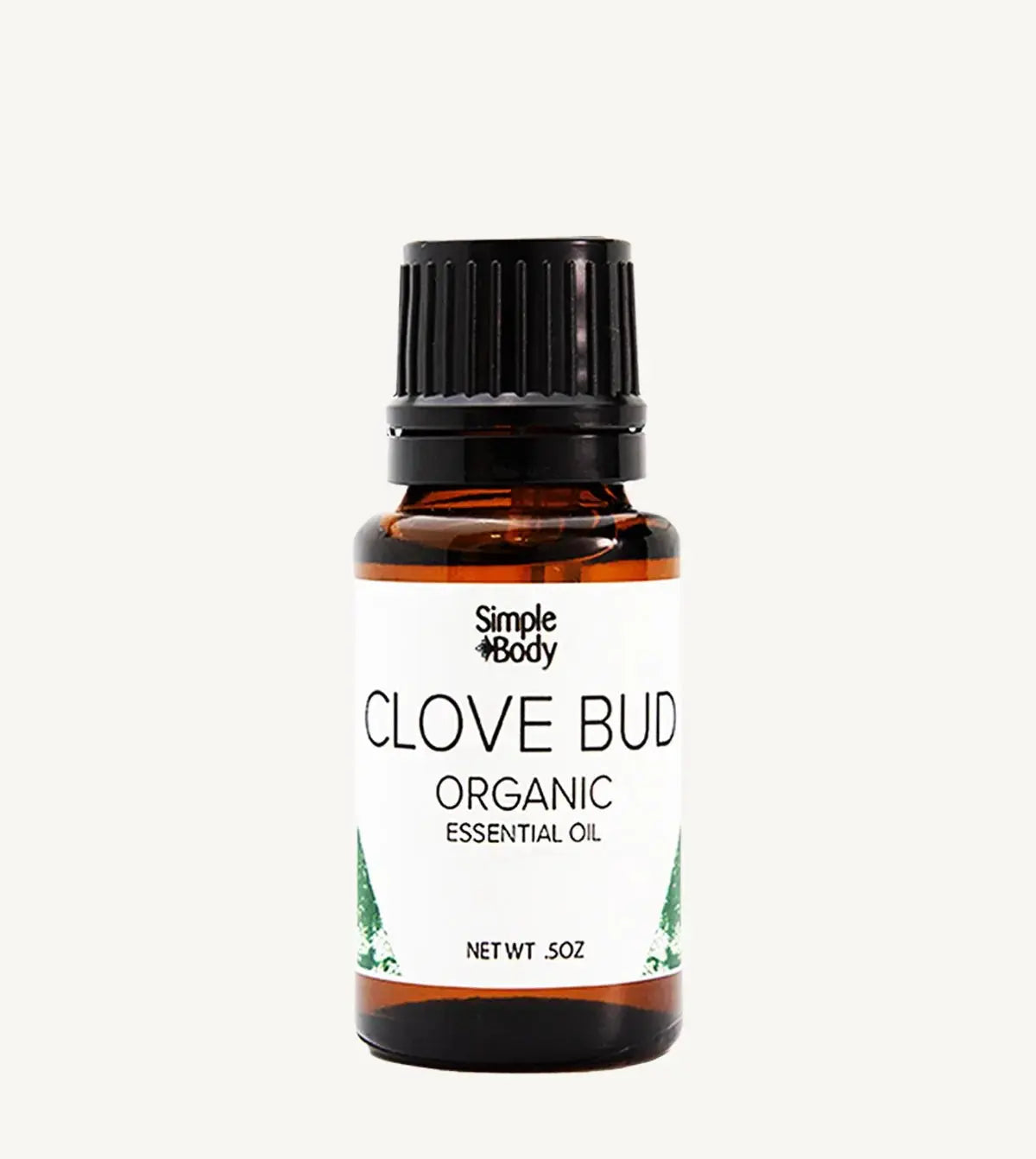 Bottle of Simple Body Clove Bud organic essential oil on a white background