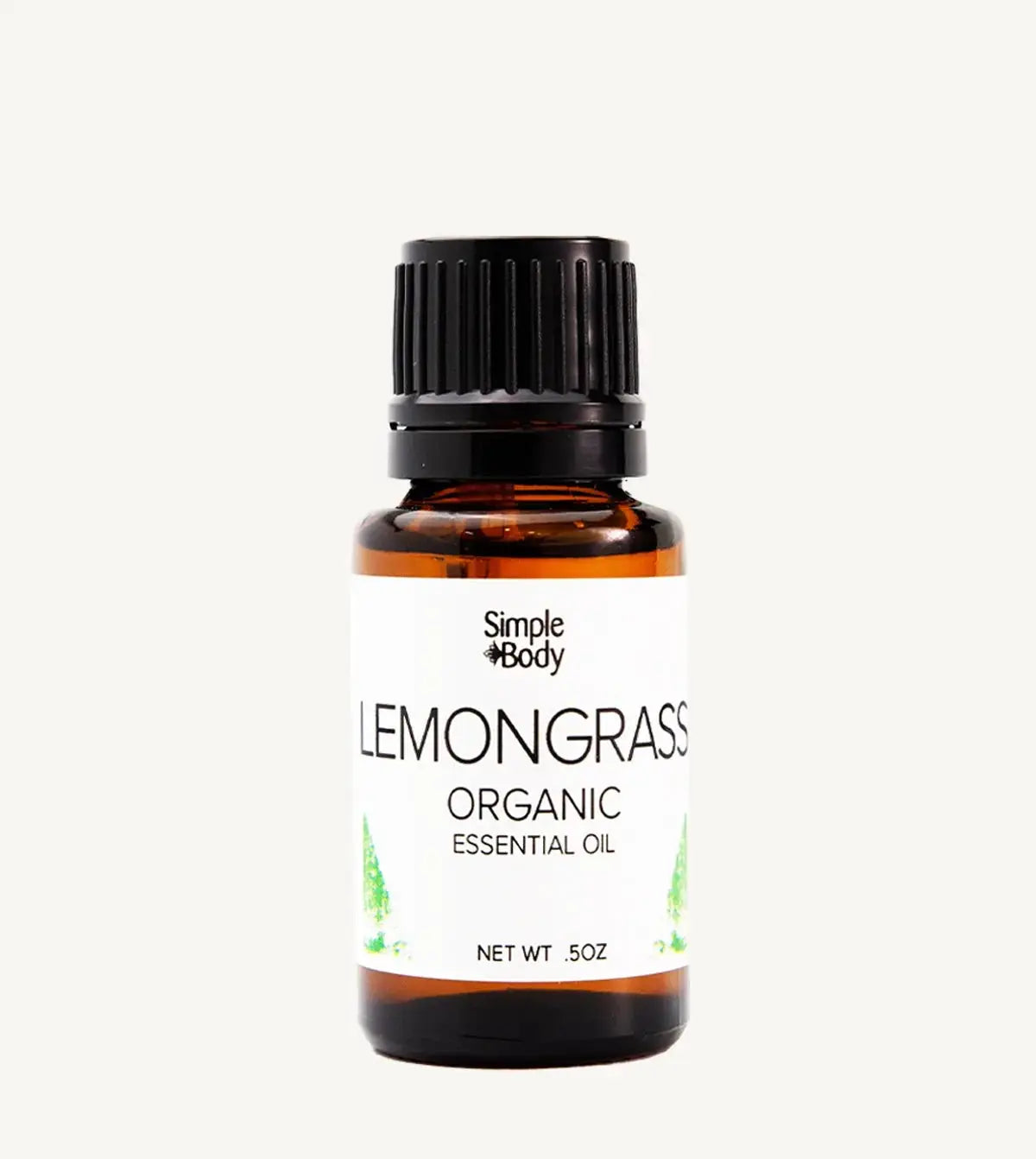 Bottle of Simple Body Lemongrass organic essential oil on a white background