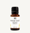 Bottle of Simple Body Orange Sweet Organic Essential Oil on a white background