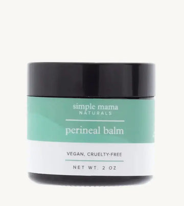 A 2 oz glass jar of Simple Mama Naturals perineal balm, labeled as vegan and cruelty-free.