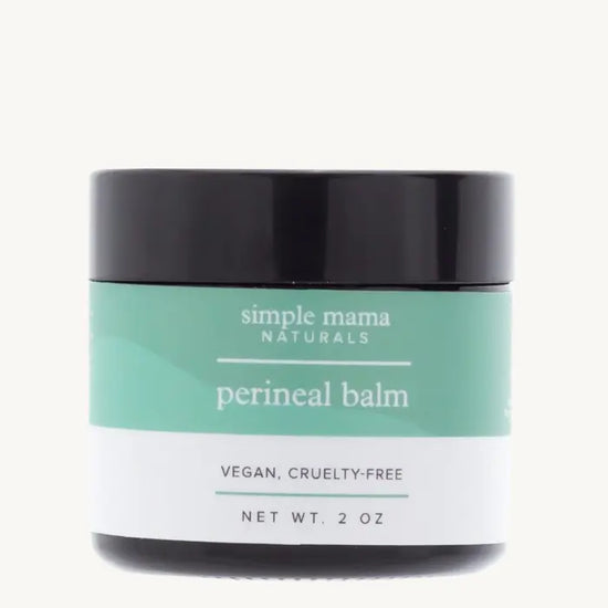 A 2 oz glass jar of Simple Mama Naturals perineal balm, labeled as vegan and cruelty-free.