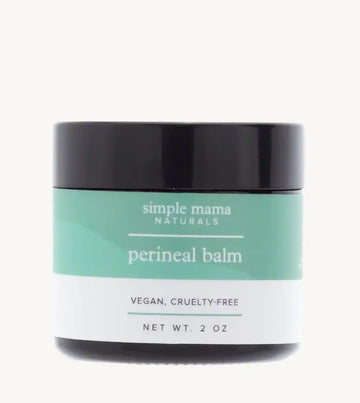 A 2 oz glass jar of Simple Mama Naturals perineal balm, labeled as vegan and cruelty-free.