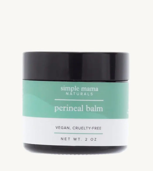 A 2 oz glass jar of Simple Mama Naturals perineal balm, labeled as vegan and cruelty-free.