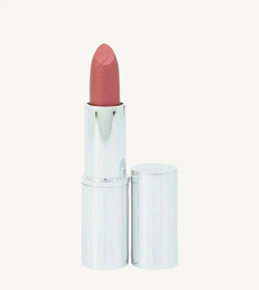 Pinkish, red hue lipstick by Pure Anada with silver case on a white background
