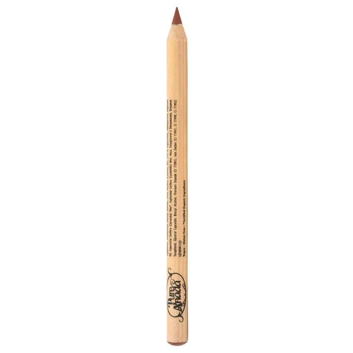 Lip pencil by Pure Anada in a warm orange brown color on a white background