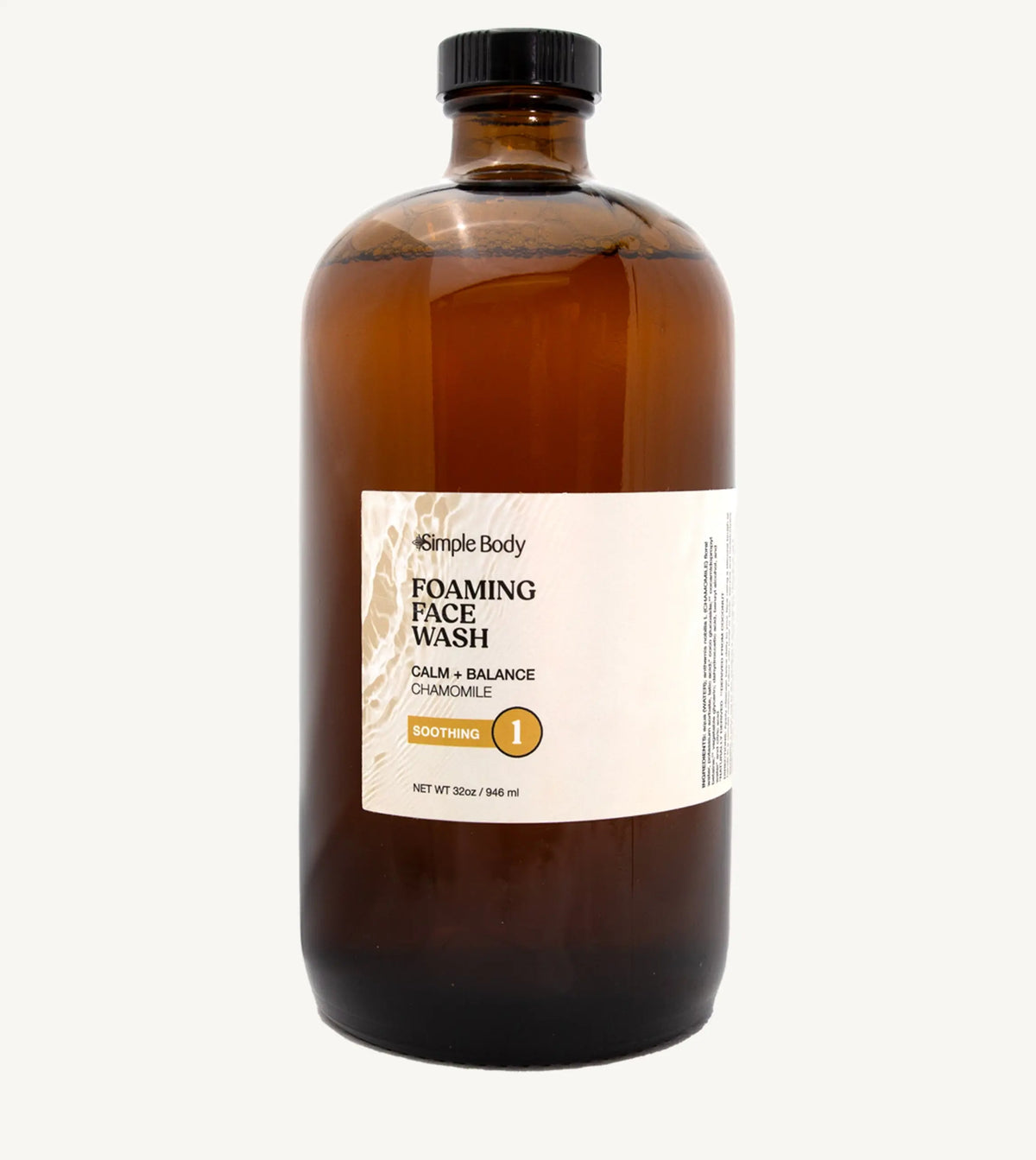 Brown bottle of Simple Body foaming face wash refill in Chamomile for Calm and Balance and Soothing on a white background