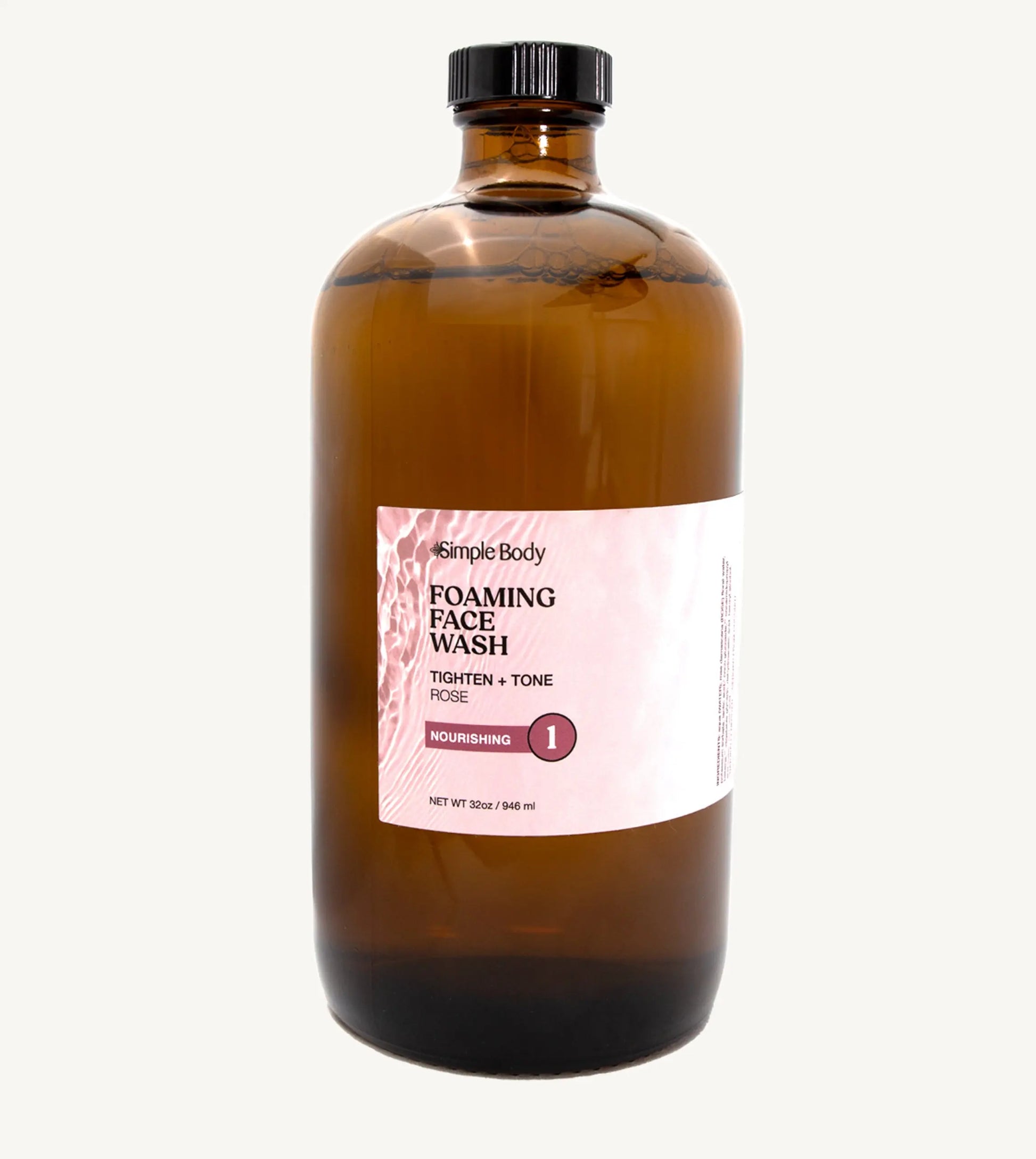 Brown bottle of Simple Body foaming face wash  in Rose for Tightening and Toning on a white background