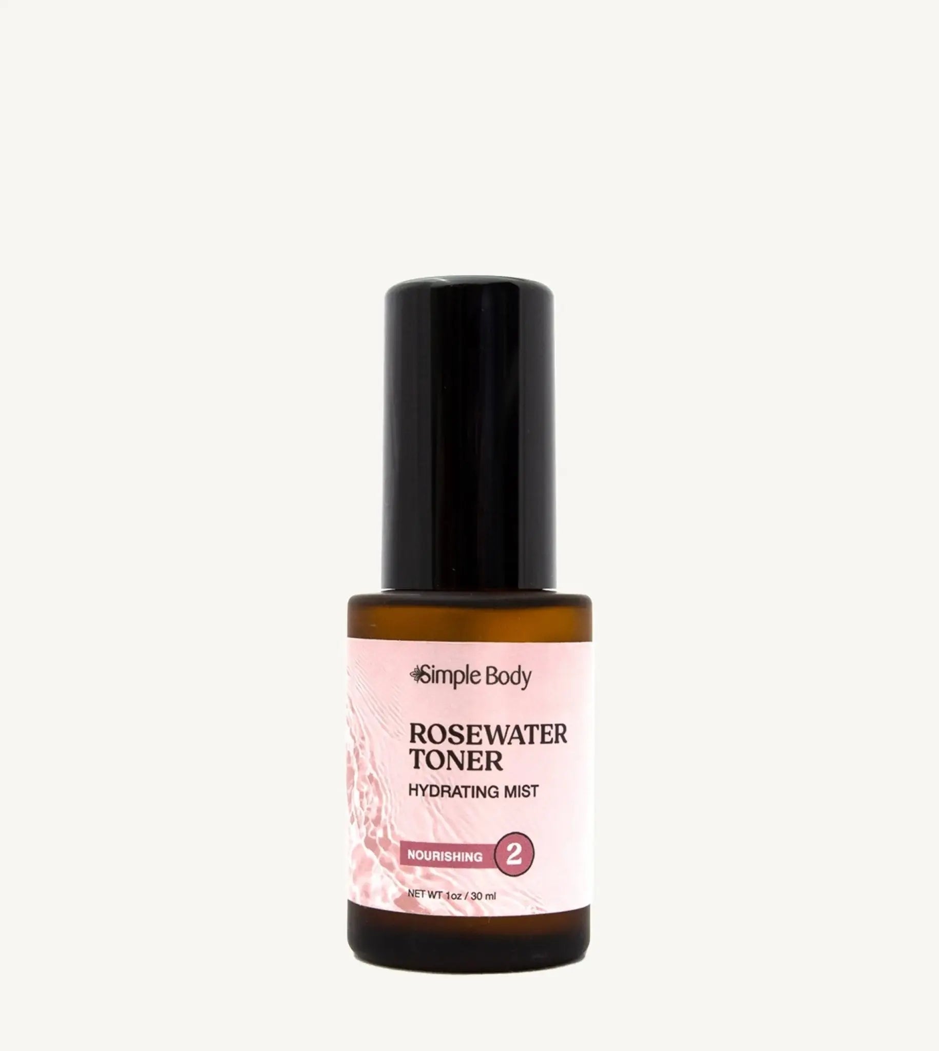 A bottle of Rosewater Face Toner by Simple Body. The bottle is amber transparent with a black cap.