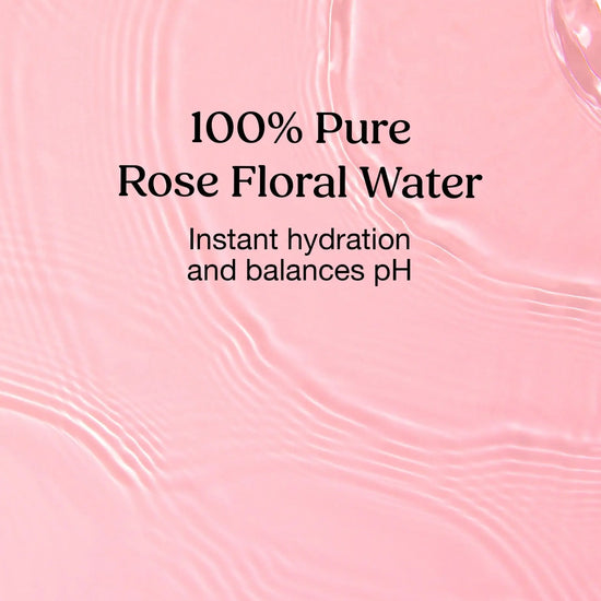 Pink background with text about Simple Body's 100% pure rose floral water