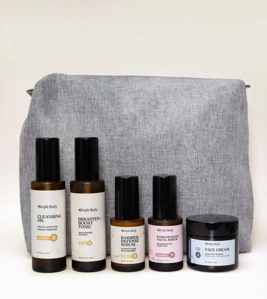 A Skincare Kit designed for sensitive skin including a Cleansing Oil, Brighten and Boost Tonic, Barrier Defense Serum, Pomegranate Facial Serum, Face Cream with a gray carrying case on a white background