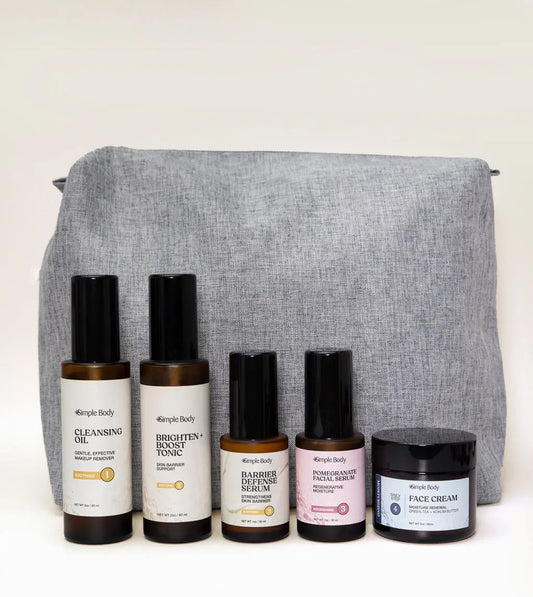 A Skincare Kit designed for sensitive skin including a Cleansing Oil, Brighten and Boost Tonic, Barrier Defense Serum, Pomegranate Facial Serum, Face Cream with a gray carrying case on a white background