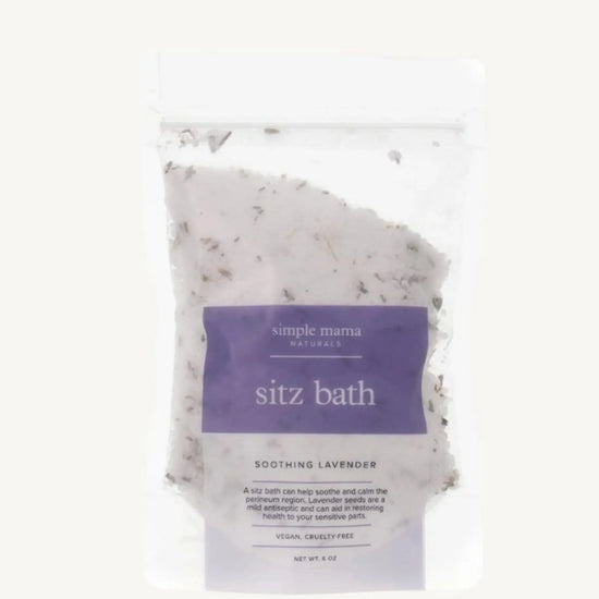 A package of Simple Mama Sitz Bath with soothing lavender, eco-friendly and recyclable packaging.