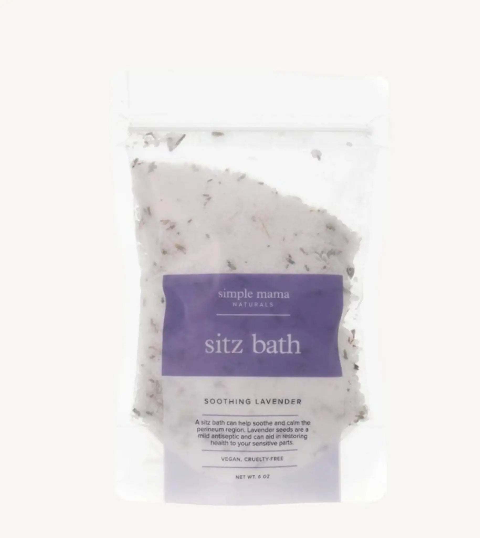 A package of Simple Mama Sitz Bath with soothing lavender, eco-friendly and recyclable packaging.