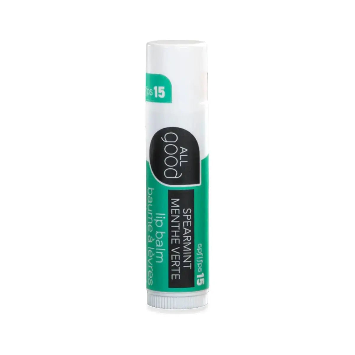 Spearmint Lip balm stick in with 'All Good' branding on a white background