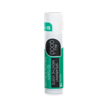 Spearmint Lip balm stick in with 'All Good' branding on a white background