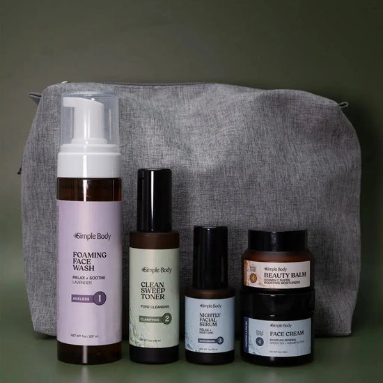 A Starter Skincare Kit for acne-prone skin with a foaming face wash, Clean Sweep Toner, Nightly Face Serum, Beauty Balm, Face Cream, and a gray cosmetic bag on a green background.