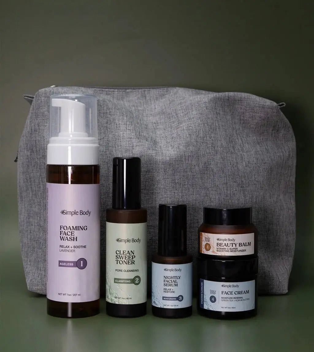 A Starter Skincare Kit for acne-prone skin with a foaming face wash, Clean Sweep Toner, Nightly Face Serum, Beauty Balm, Face Cream, and a gray cosmetic bag on a green background.