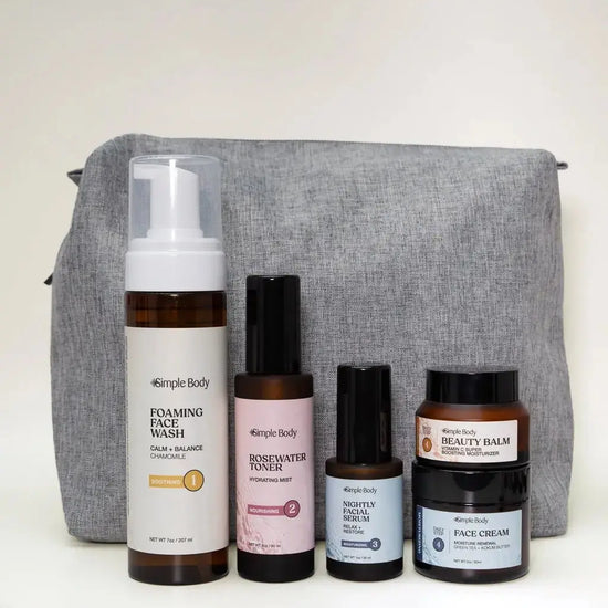 A Starter Skincare Kit for Sensitive Skin with a foaming face wash, Rosewater Toner, Nightly Face Serum, Beauty Balm, Face Cream, and a gray cosmetic bag on a yellow background.