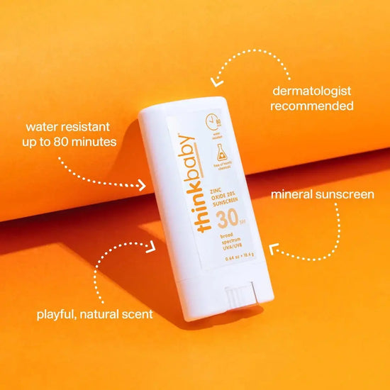 thinkbaby sunscreen stick on an orange background with text highlighting features