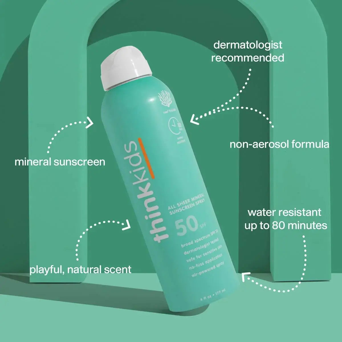 thinkkids sunscreen spray bottle with product features highlighted on a green background