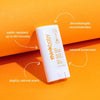 thinkbaby sunscreen stick on an orange background with text highlighting features
