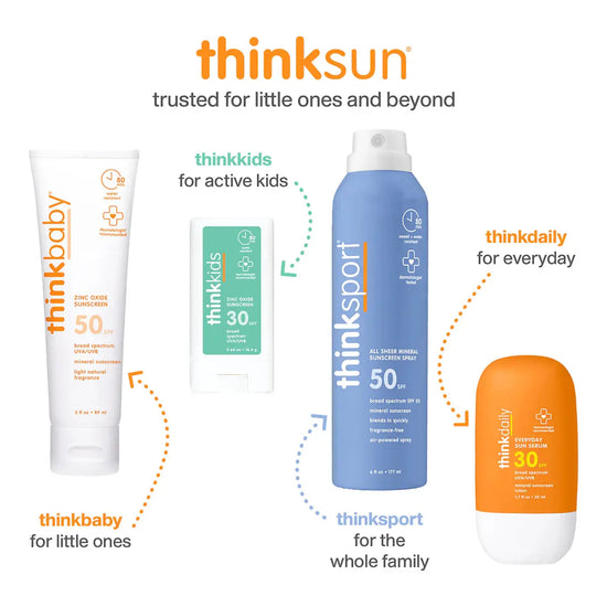 ThinkSun sunscreen products for different age groups and activities on a white background