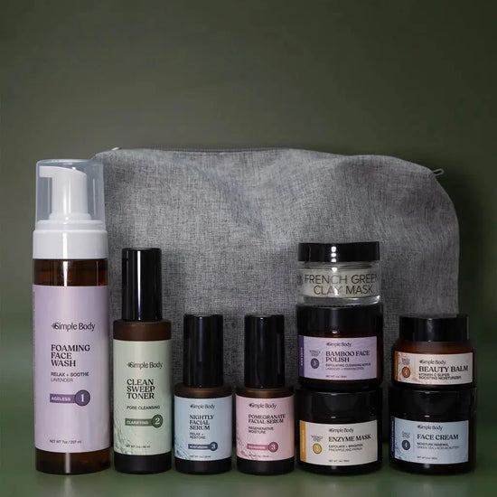 Skincare Kit designed for acne prone skin with a gray pouch on a green background