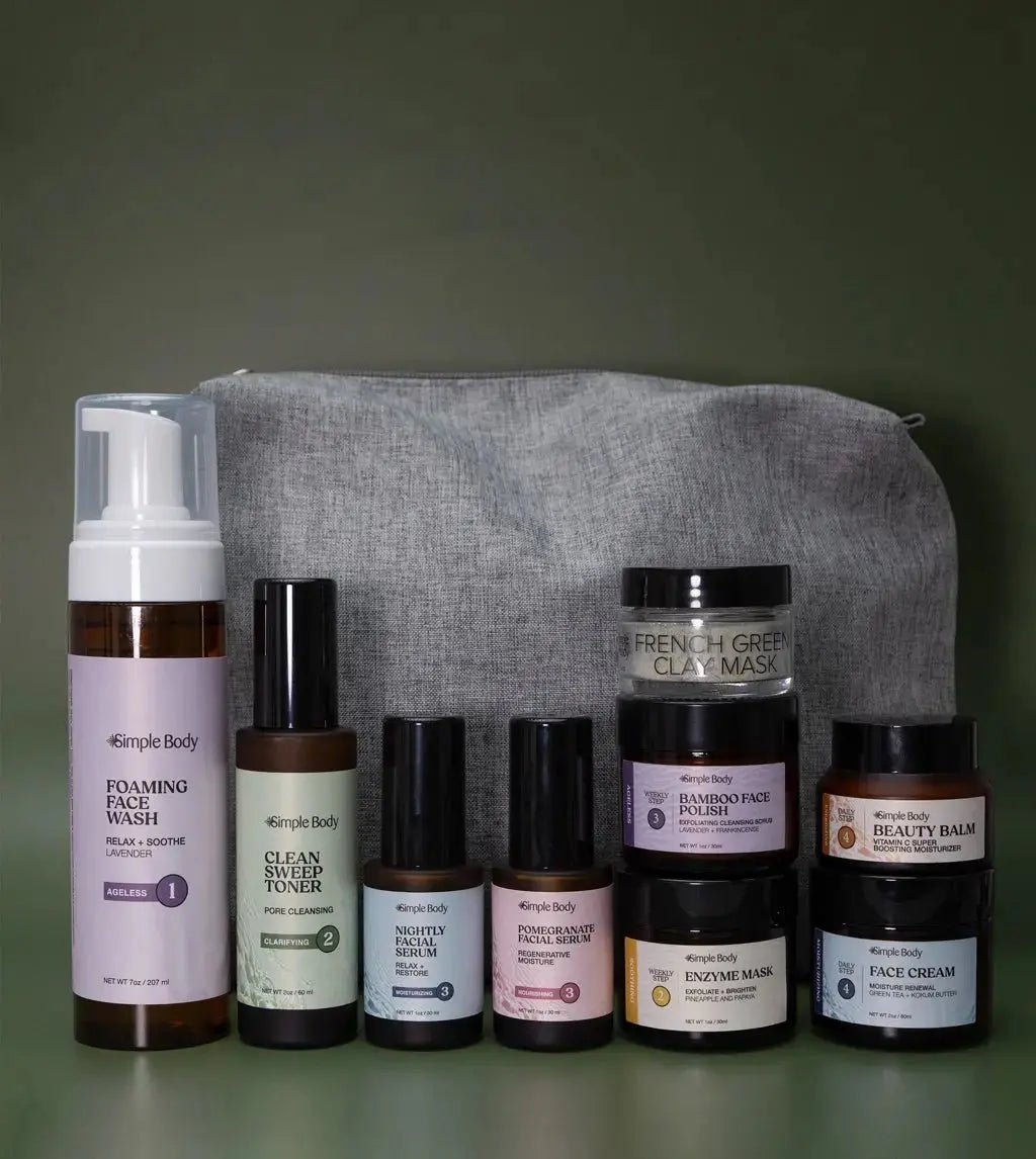 Skincare Kit designed for acne prone skin with a gray pouch on a green background
