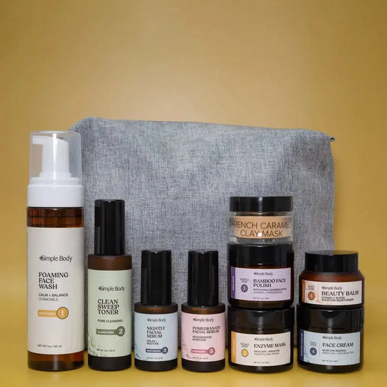 A skincare kit for sensitive skin with a gray pouch on a yellow background