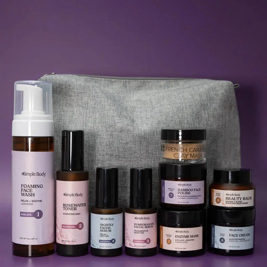 A skincare kit designed for anti aging and age supporting skin type with a gray pouch on a purple background