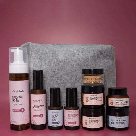 A skincare kit designed for Normal or Dry skin products with a gray cosmetic bag on a pink background