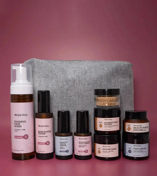 A skincare kit designed for Normal or Dry skin products with a gray cosmetic bag on a pink background