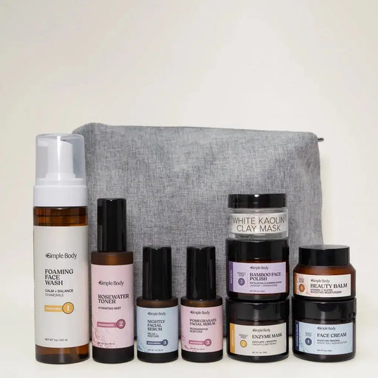 A skincare kit designed for sensitive skin with a gray pouch on a light yellow background