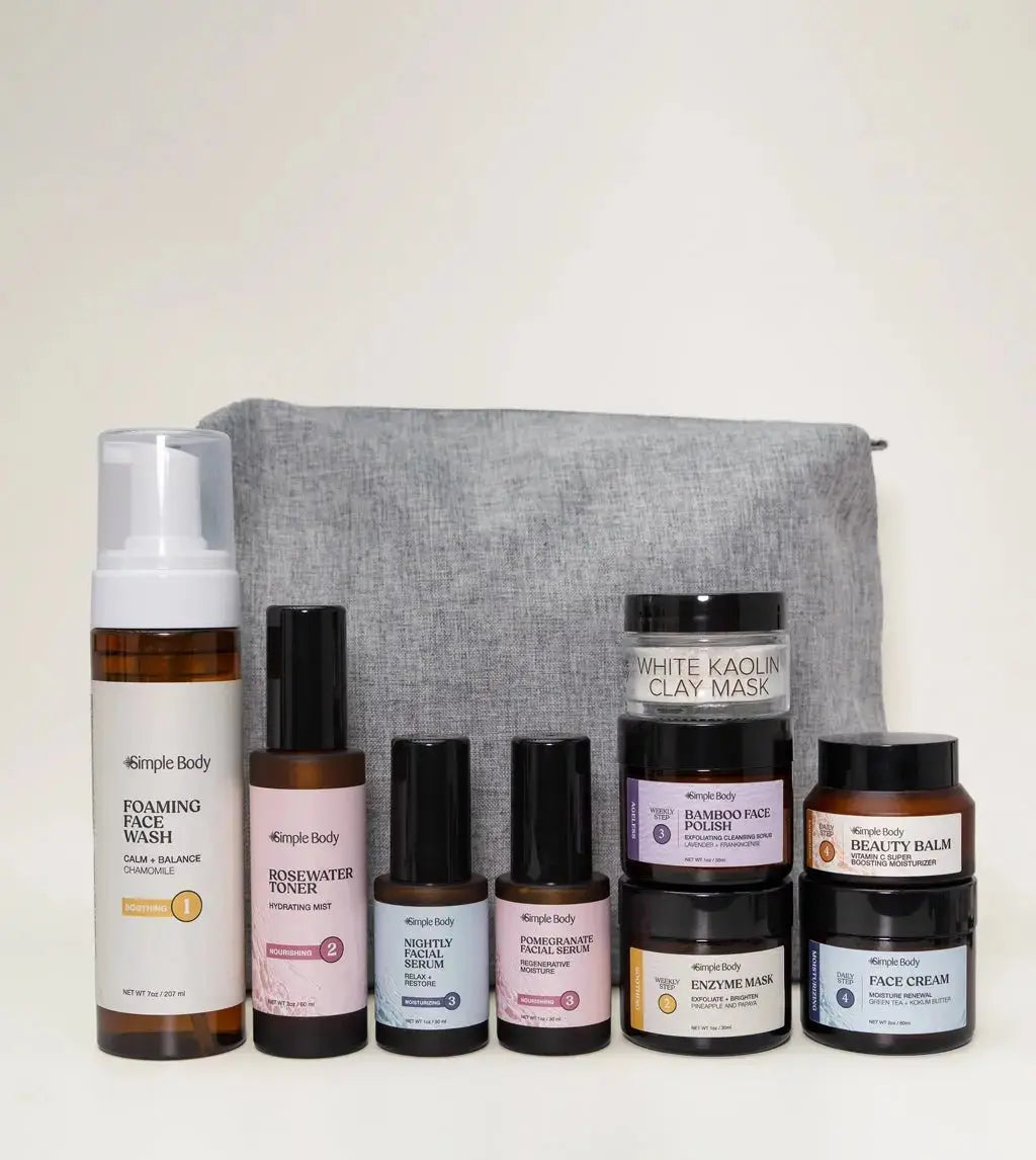 A skincare kit designed for sensitive skin with a gray pouch on a light yellow background