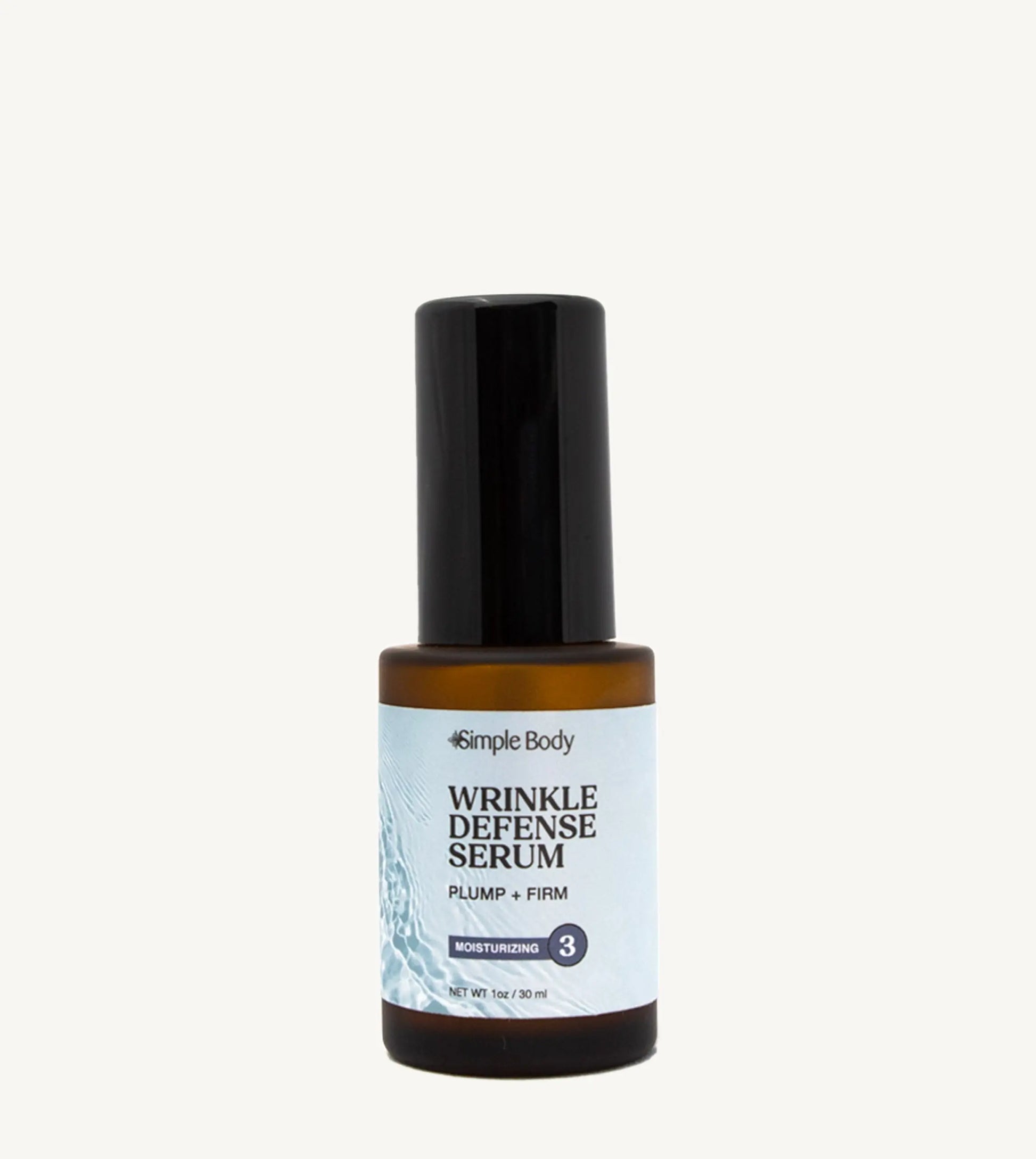 A bottle of Simple Body Wrinkle Defense Serum with a black cap and white label, containing a lightweight facial serum designed to smooth and plump the skin.