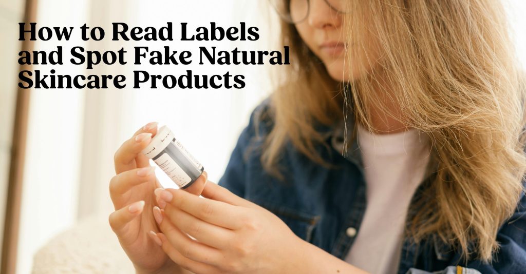A photo of a young woman trying to read a label of a "natural" skincare product and is confused and our blog title "how to Read Labels and Spot Fake Natural Skincare Products"
