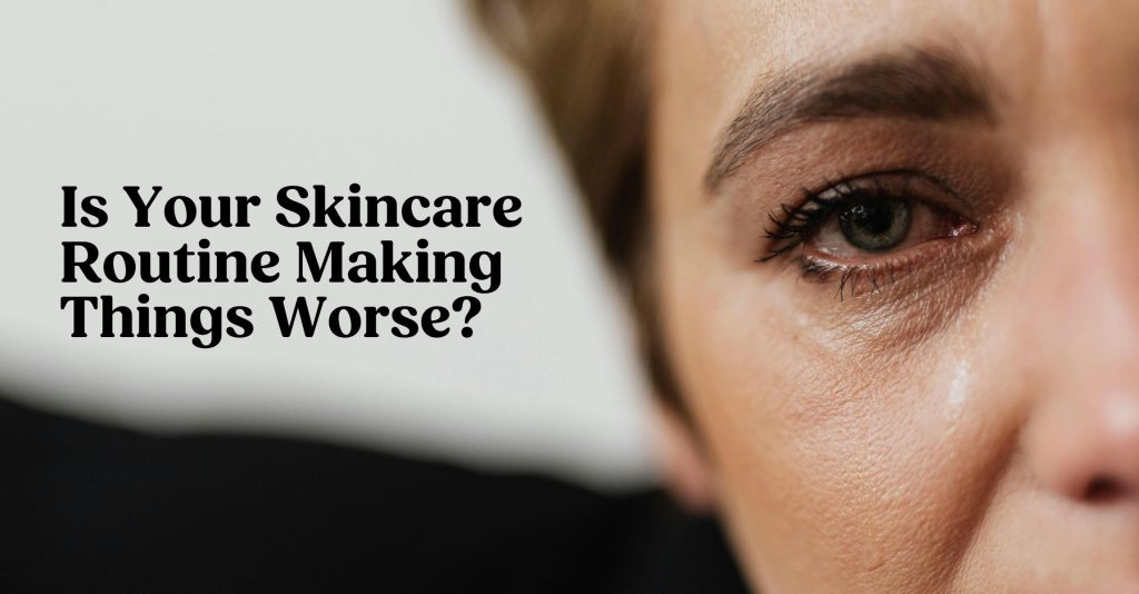 A close up photo of a woman looking concerned about her skin