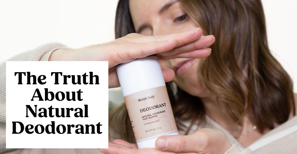 A photo of a woman holding Simple Body Natural Deodorant in a Citrus Burst scent