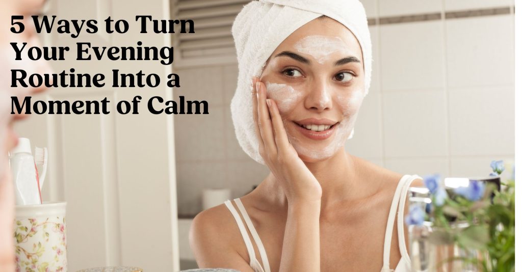 A photo of a woman applying her nightly face cream looking in the mirror
