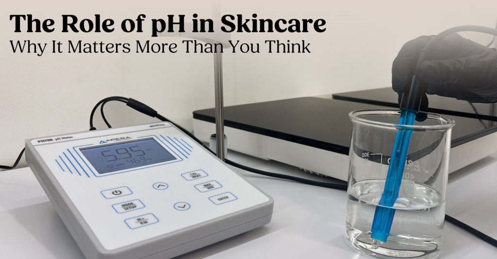 A photo of a woman with a black glove on her hand dipping a pH meter into a beaker with a photo of the meter in the background
