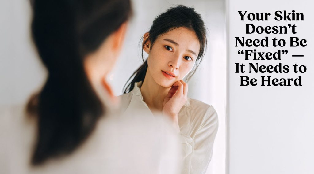 A photo of an asian women looking at her reflection in the mirror.